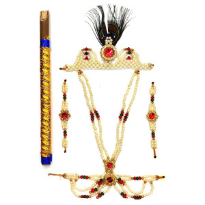 Krishna Idol Jewelry & Flute Set – Pearl and Stone Work with Peacock Feather Crown