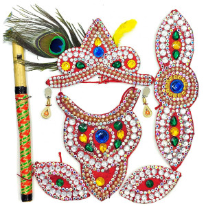 Krishna Idol Jewelry & Flute Set – Red Velvet with Multicolor Stones