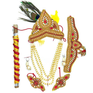 Krishna Idol Jewelry & Flute Set – Red-Gold Pearl Design with Peacock Feather
