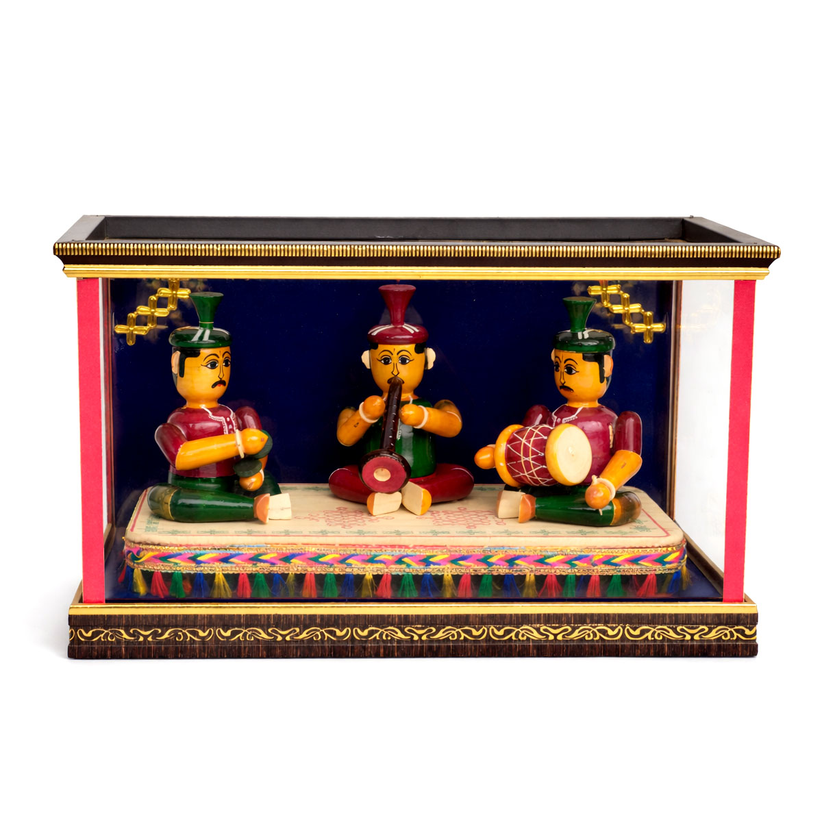 Traditional Folk Music Trio Wooden Figurines in Display Case