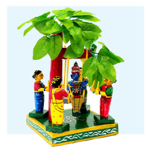 Kondapalli Krishna on Swing Under Tree – Handcrafted Wooden Toy Display
