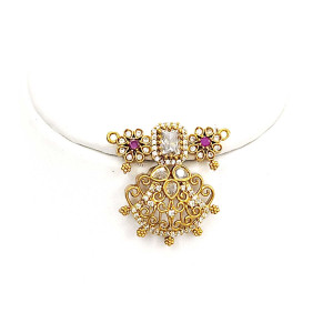 Antique Gold Pendant with Floral Side Accents & White Kundan Center
