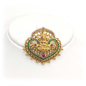 Lakshmi Heart-Shaped Temple Pendant with Green & Ruby Accents
