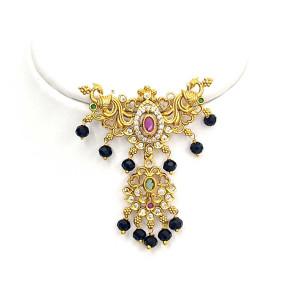 Antique Dual Peacock Mangalsutra Pendant with Black Beads