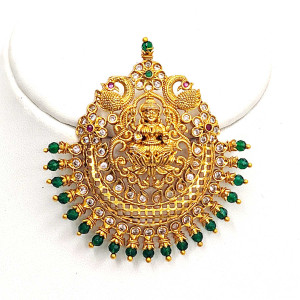 Goddess Lakshmi Temple Pendant with Green Stone Drops