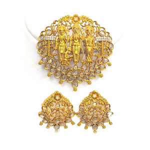 Antique Gold Finish Ram Darbar Pendant with Earrings