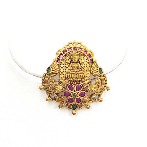 Goddess Lakshmi Temple Pendant with Ruby & Green Stones