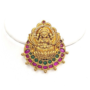 Goddess Lakshmi Temple Pendant with Ruby & Emerald Stones