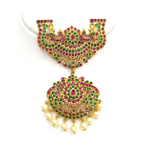 Temple Style Twin-Layer Pendant with Pearl Drops