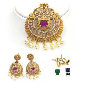 Dual Peacock Pendant Set with Interchangeable Stones