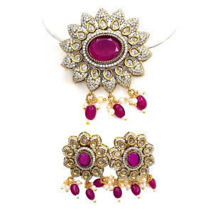 Floral Ruby Pendant & Earrings Set with CZ Accents