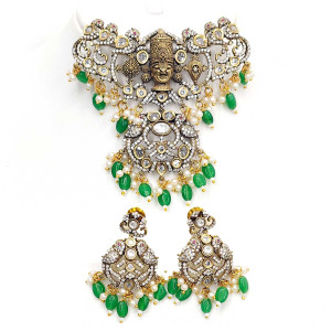 Antique Lakshmi Pendant Set with Green Beads