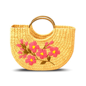 Kouna Handcrafted Semi-Circle Tote Bag with Floral Embroidery