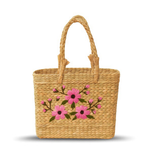 Kouna Handwoven Tote Bag with Pink Floral Embroidery