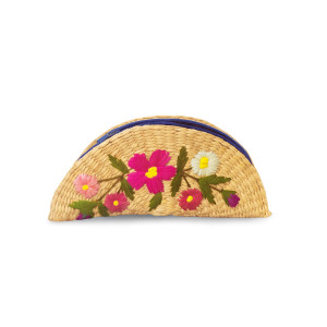 Handcrafted Kouna Grass Half-Moon Pouch with Floral Embroidery