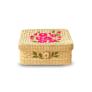 Kouna Handwoven Rectangular Storage Box with Pink Floral Embroidery