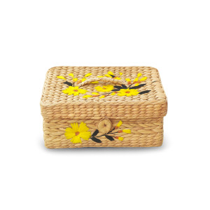 Handcrafted Kouna Grass Rectangular Storage Box with Yellow Floral Embroidery