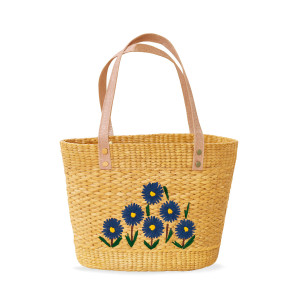 Handcrafted Kouna Grass Tote Bag with Blue Floral Embroidery & Leather Handles