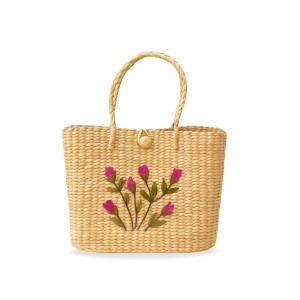 Kouna Handwoven Tote Bag with Pink Floral Embroidery
