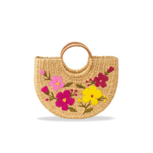 Kouna Semi-Circular Handwoven Floral Bag with Wooden Handle