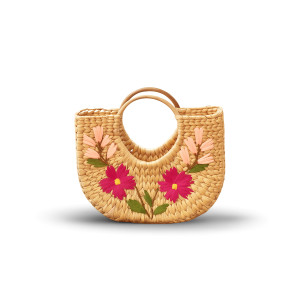 Kouna Semi-Circular Floral Embroidered Handbag with Wooden Handle