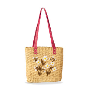 Kouna Rectangular Handbag with White Daisy Embroidery and Pink Handles
