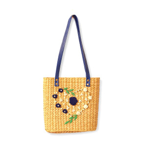 Kouna Handwoven Tote Bag with Blue Floral Heart Embroidery