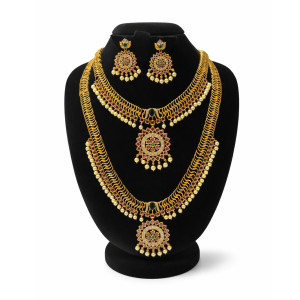 Layered Ruby Pearl Necklace Set