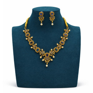 Blue Stone Pearl Gold Necklace Set