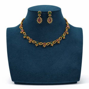 Green Ruby Floral Gold Necklace Set