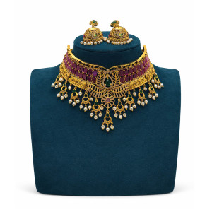 Ruby Emerald Pearl Choker Set
