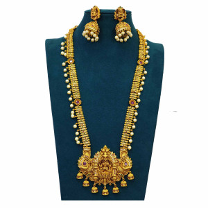 Antique Gold-Plated Lakshmi Temple Long Haram Necklace Set