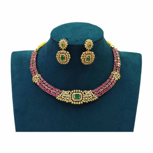 Elegant Gold-Plated Ruby & Emerald Choker Necklace Set