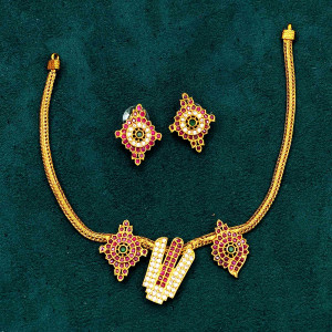 Gold-Plated Ruby Stone Tirupati Balaji Pendant Necklace Set