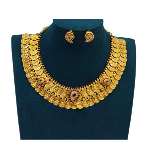 Traditional Lakshmi Coin Necklace Set with Earrings – Antique Gold Finish