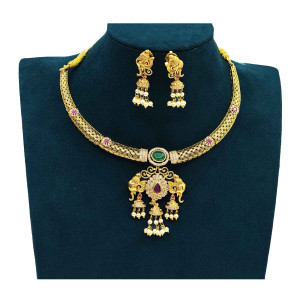 Temple Design Imitation Necklace Set with Elephant Motif & Hanging Jhumkis – Antique Gold Finish
