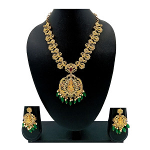 Antique Temple Lakshmi Necklace Set with Green Beads & Earrings