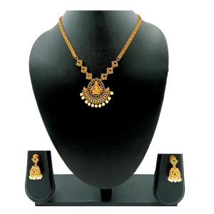 Antique Lakshmi Pendant Necklace Set with Kemp Stones & Pearl Drops