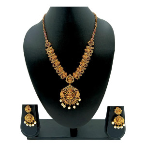 Antique Gold Peacock Lakshmi Necklace Set with Pearl Drops – Temple Design