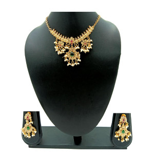 Gold Plated Kundan Necklace Set with Green & Red Stones – Traditional Pearl Dangler Design