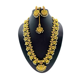 Floral Temple Jewellery Necklace Set with Ruby Stones and Pearl Droplets
