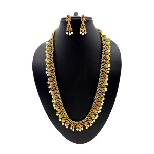 Exquisite Temple Jewellery Set with Gold Finish, Ruby & Pearl Accents