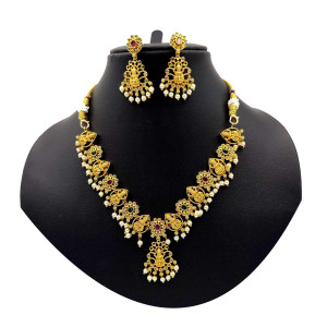 Elegant Temple Jewellery Set with Gold Finish, Ruby Accents, and Pearl Details