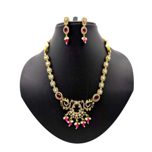 Regal Temple Jewellery Set with Gold Finish and Ruby Accents