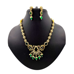 Elegant Temple Jewellery Set with Gold Finish and Green Gemstone Accents