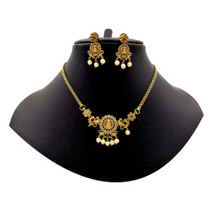 Elegant Temple Jewellery Set with Gold Finish and Pearl Accents