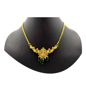 Ganesha Temple Necklace with Gold Finish and Green Gemstone Accents