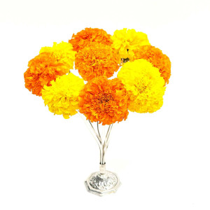Traditional Silver Flower Stand with Artificial Marigold Bunch
