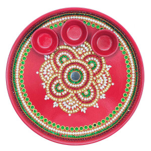Red Decorative Pooja Thali with Beaded Floral Design & Diya Holders