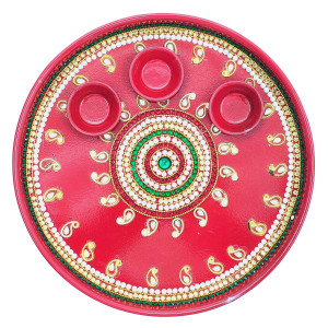 Red Pooja Thali with Paisley Design and Embedded Diyas